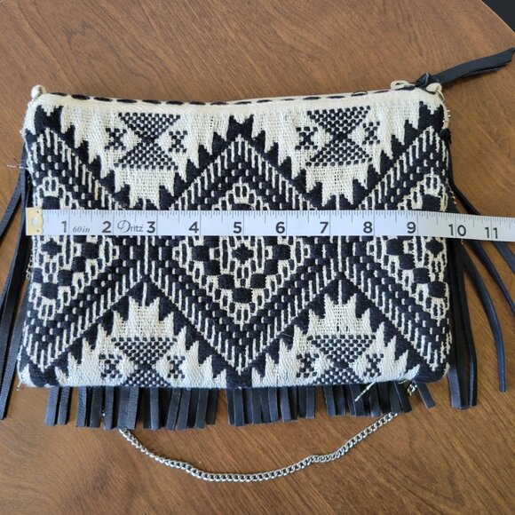 Chico’s Leather Fringe Shoulder Bag, Black/White Boho Purse Silver Chain. ECU - Picture 7 of 8